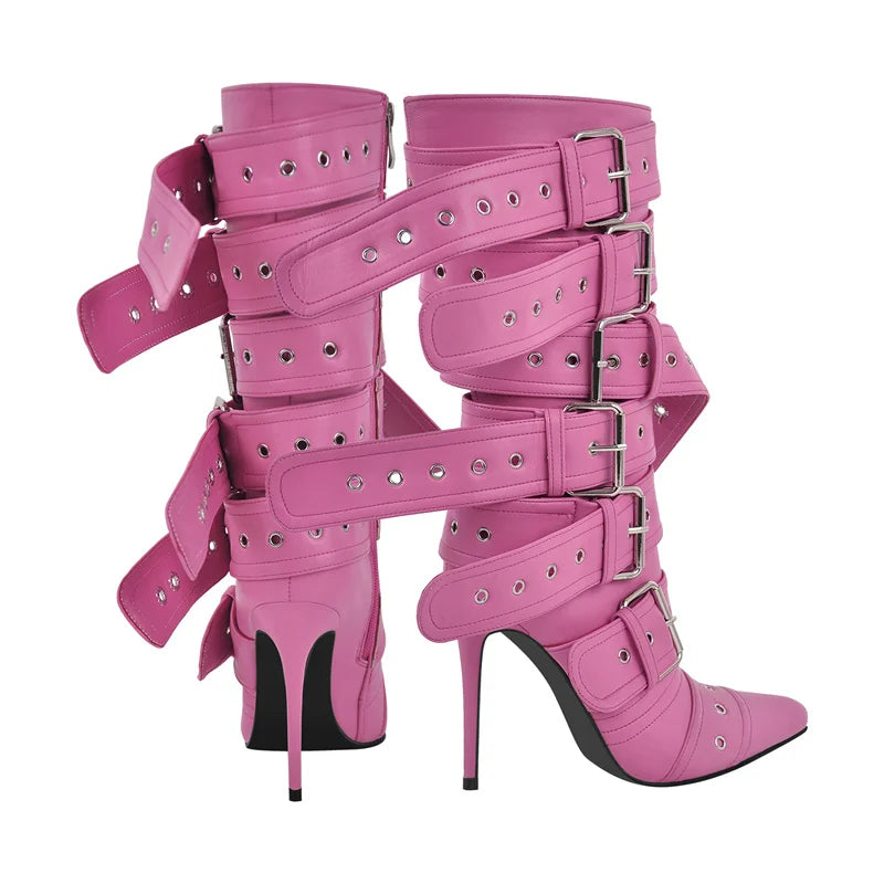 Onlymaker Women Pointed Toe Mid-Calf Boots Buckle Strap Thin High Heel Lady Zipper Female  Stiletto Boots