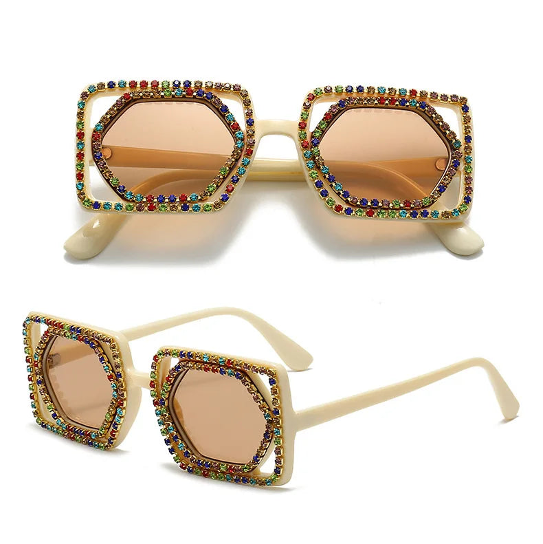 Quadratische Luxus Diamanten Sonnenbrille Damen Punk Mode Strass Sonnenbrille Weiblich Glänzend Sexy Gelbe Linse Brille Schatten Handgemacht