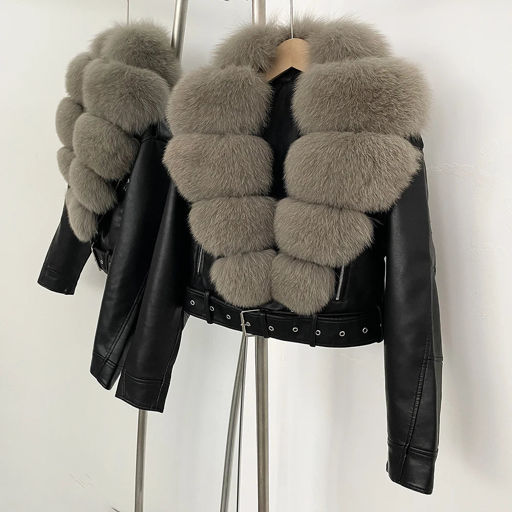 OFTBUY Natural Fox Fur Faux Leather Jacket Female New Autumn Short Top Clothing Women Long Sleeve Fake Leather Real Fur Coat