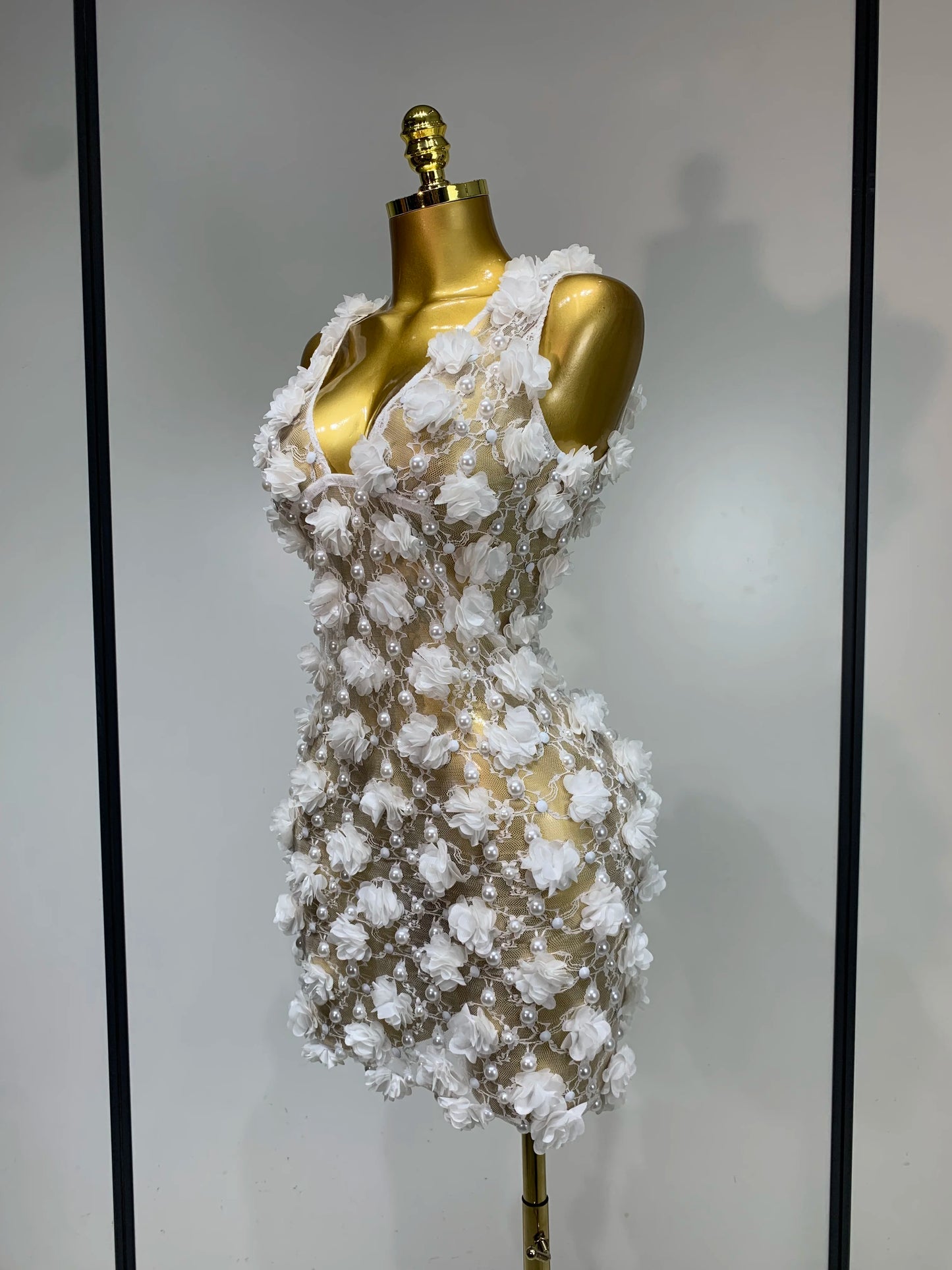 Women Luxury Pink Flowers Pearls Lace See Through Bodycon Mini Dress Birthday Photoshoot Evening Party Nightclub Stage Costume
