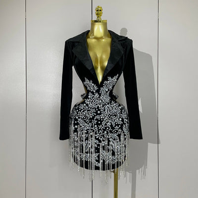 Stock Luxury Diamonds Tassel Sexy Hollow Out Black Mini Dress Woman Evening Celebrate Birthday Party Stage PhotoShoot Costume
