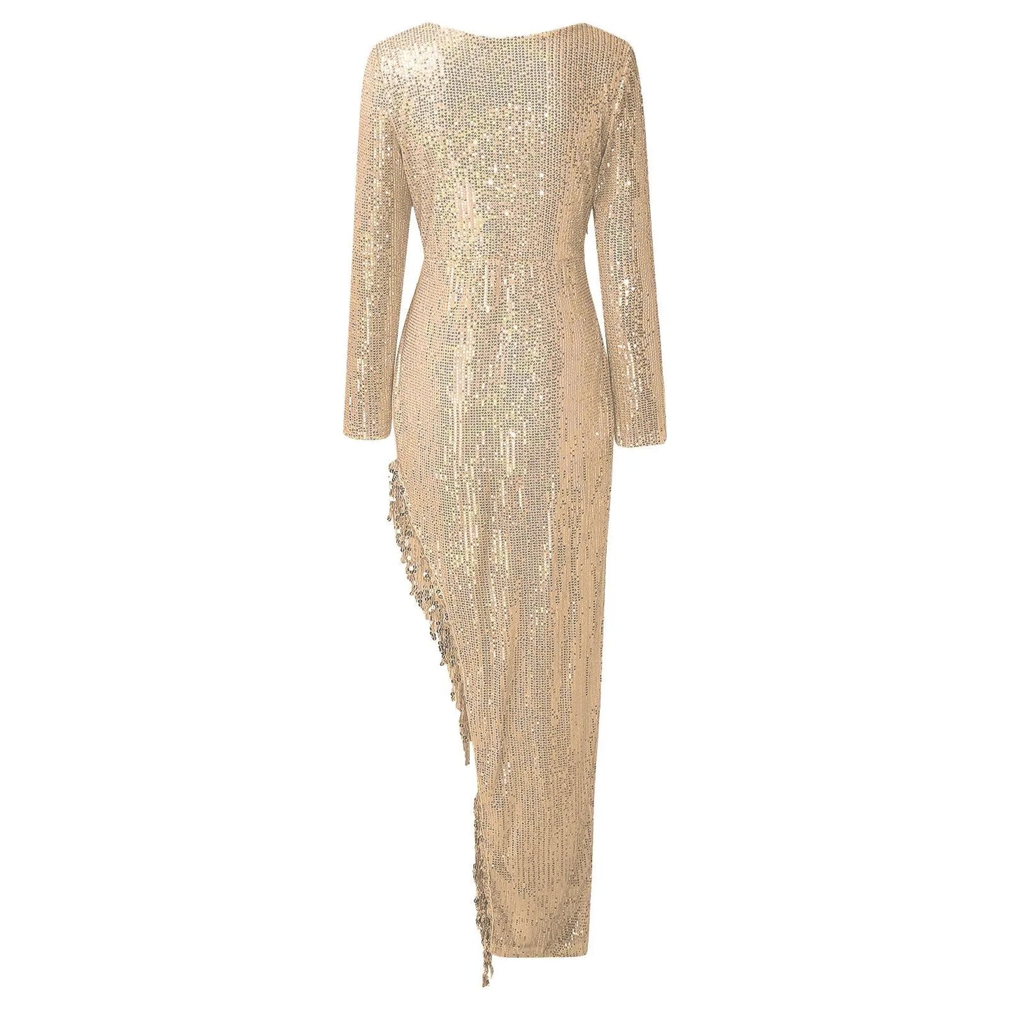 Prom Dresses Women Luxury Long Sleeve Beading Sexy Bodycon Long Dress Irregular Tassels Sequined Evening Party Dress Clubwear