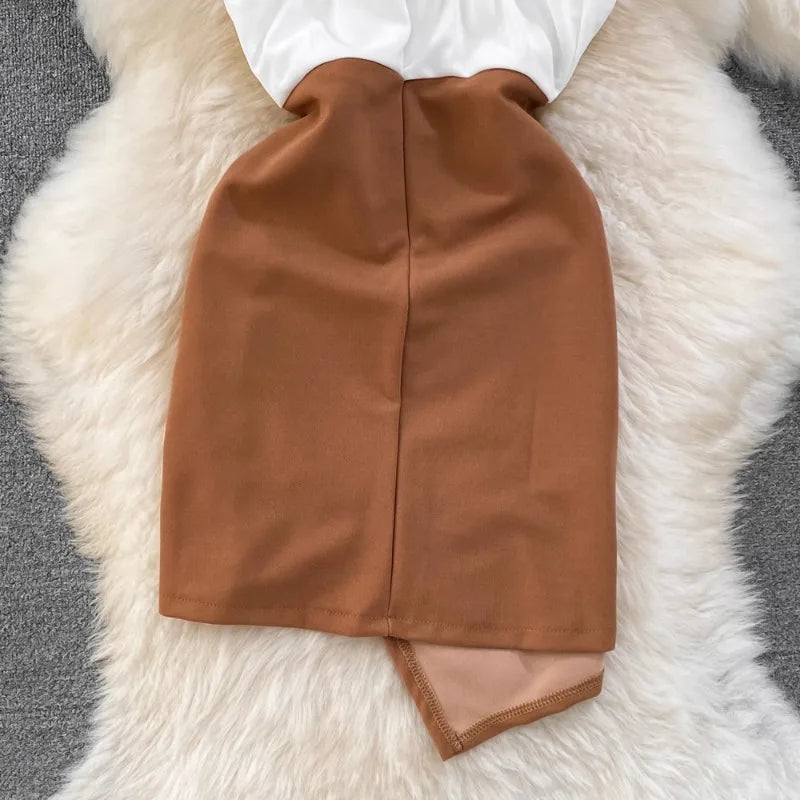 Mode-Trägerkleid Sexy Kontrastfarben-Patchwork Damenkleider Unregelmäßiges Hüftwickelkleid Büro-Dame Koreanische Ropa Mujer
