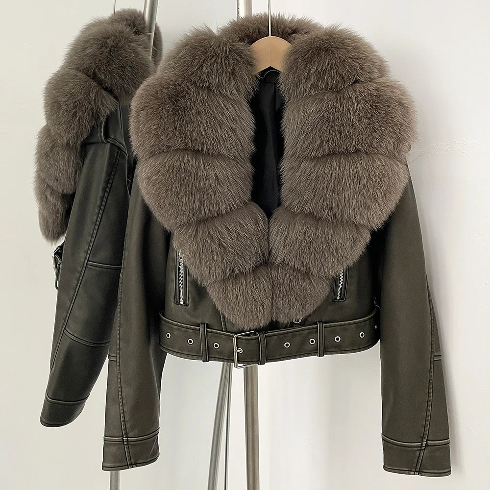 OFTBUY Natural Fox Fur Faux Leather Jacket Female New Autumn Short Top Clothing Women Long Sleeve Fake Leather Real Fur Coat