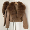 OFTBUY Natural Fox Fur Faux Leather Jacket Female New Autumn Short Top Clothing Women Long Sleeve Fake Leather Real Fur Coat