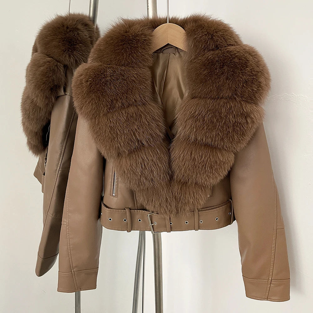 OFTBUY Natural Fox Fur Faux Leather Jacket Female New Autumn Short Top Clothing Women Long Sleeve Fake Leather Real Fur Coat