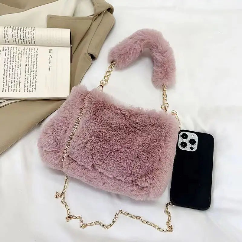 Winter Plush Tote Handbag Versatile Fluffy Shoulder Bag Soft Cute Chain Crossbody Bag Fashion Women Girls Small Square Handbag