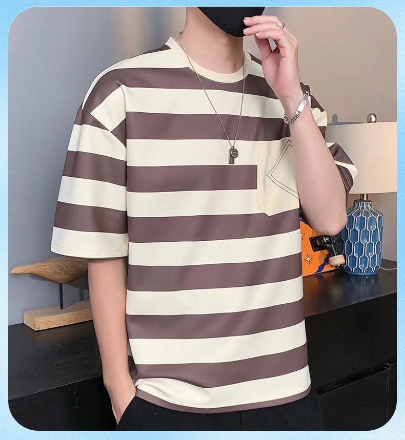 Casual Short Sleeve T Shirt Men'S For 2025 Summer Tshirt Top Tees Striped Brand Fashion HIP HOP Clothes OverSize 3XL T-Shirt