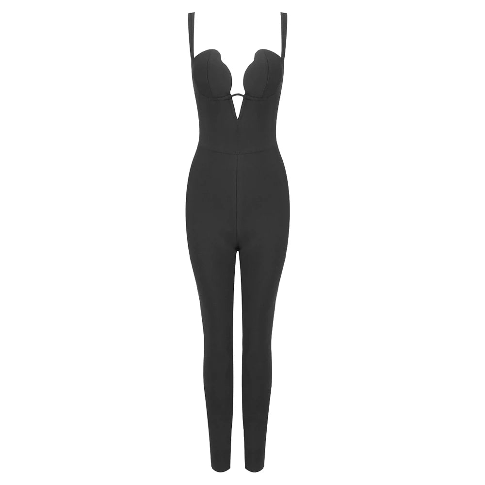 Schwarzer ärmelloser V-Ausschnitt-Jumpsuit mit Bandage-Oberteil und Cut-Out-Details – Abend- und Cocktailparty-Outfit