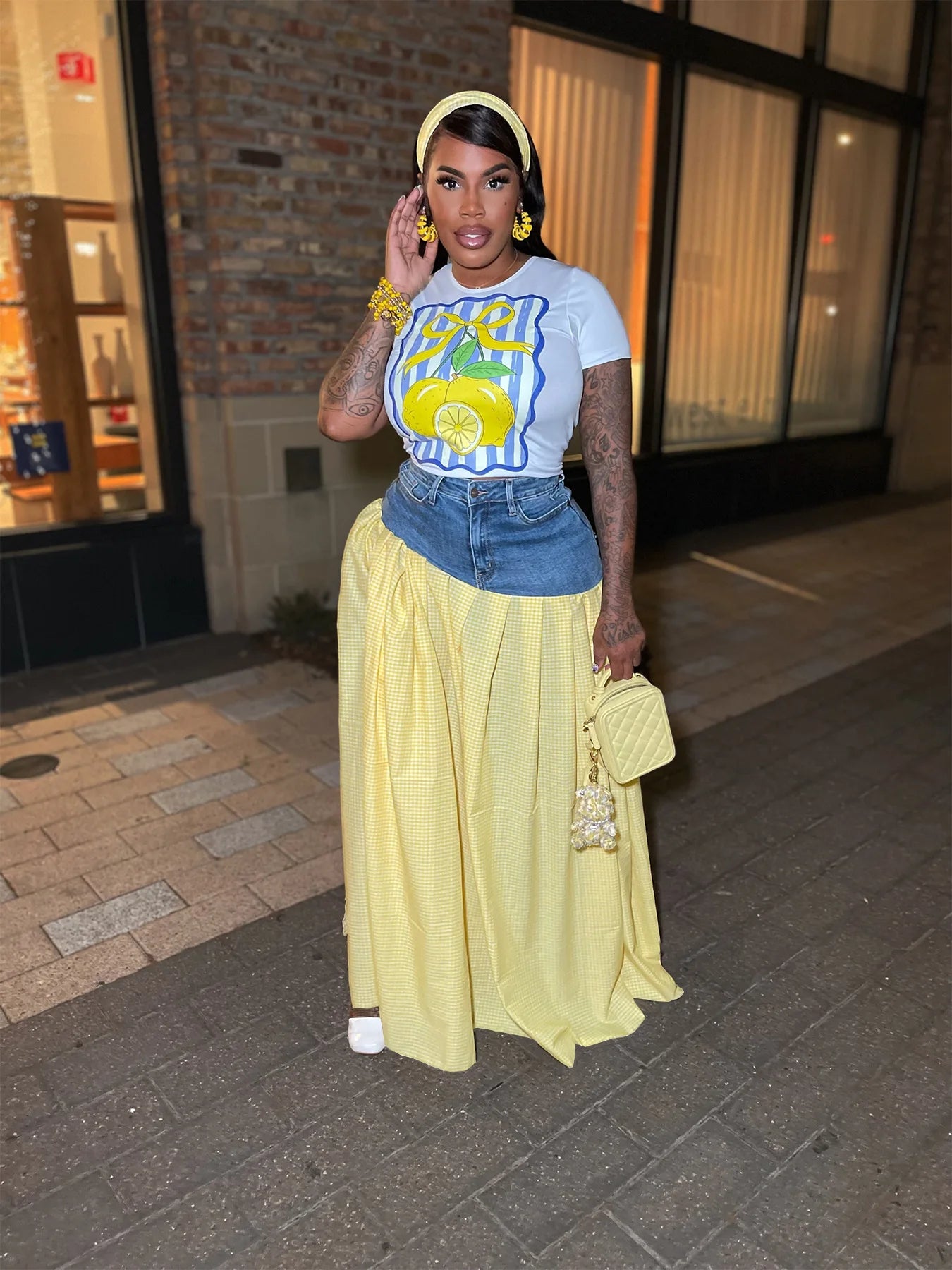 Streetwear Patchwork Jean Skirt Outfit Sexy Women Elegant Two Pieces Plaid Denim Club Matching Set Lady Casual Tracksuit