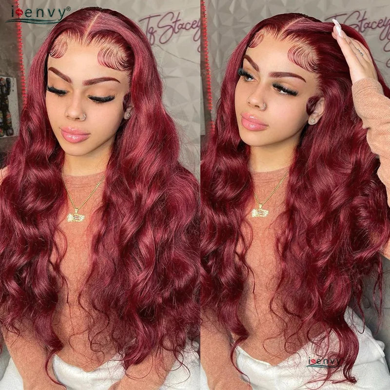 13X4 HD Transparente Lace Front Perücken Burgunderrote Echthaarperücken Vorgezupft 30 Zoll Body Wave Lace Front Perücken für Frauen Gelockt