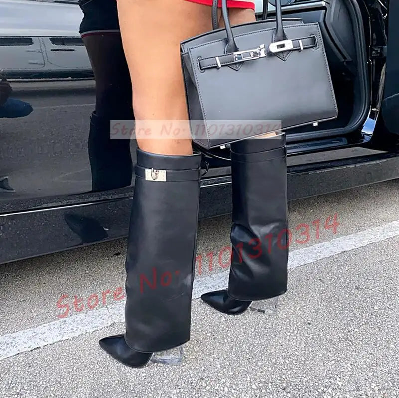 Transparent Wedge Knee-high Boots Women Pointy Toe Winter Fashion Metal Decor Foldover Shoes Ladies Streetwear Clear Heel Boots