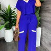 Elegant Women's Casual Short Sleeve T-shirt Sports Suit Summer Fashion Solid V Neck Short Top & Straight Pants Two Piece Sets
