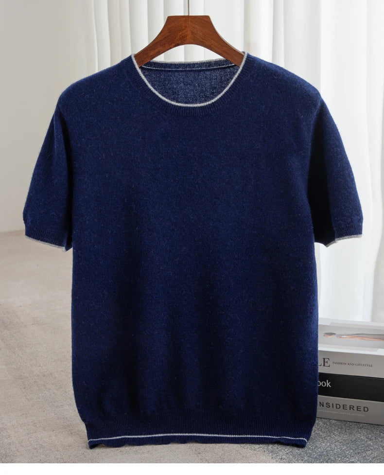 Men's T-shirt 2024 Summer New Knitted Tank Top Fashion Color Block Round Neck Pullover Sweater 100% Pure Wool Short sleeved