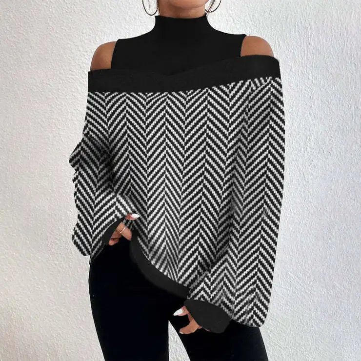 2024Damen Langarm Rollkragenpullover Damen Sexy schulterfrei ausgehöhlte lockere bedruckte T-Shirts 2024 Herbst Mode T-Shirt Top
