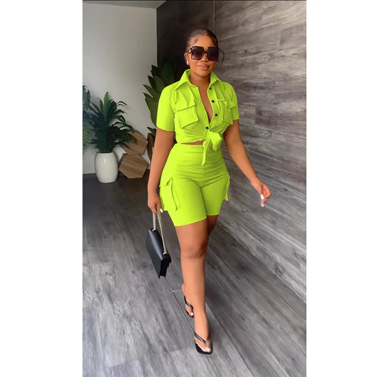 CM.YAYA INS Women's Set Short Sleeve Pocket Front Shirt and Pocket Side Shorts Suit 2023 Cargo Two 2 Piece Set Outfit Tracksuits