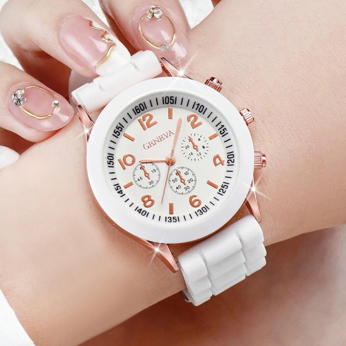 4er-Set Damen Silikonuhr Weiß, Pink, Rot, Schwarz Quarzuhr-Set