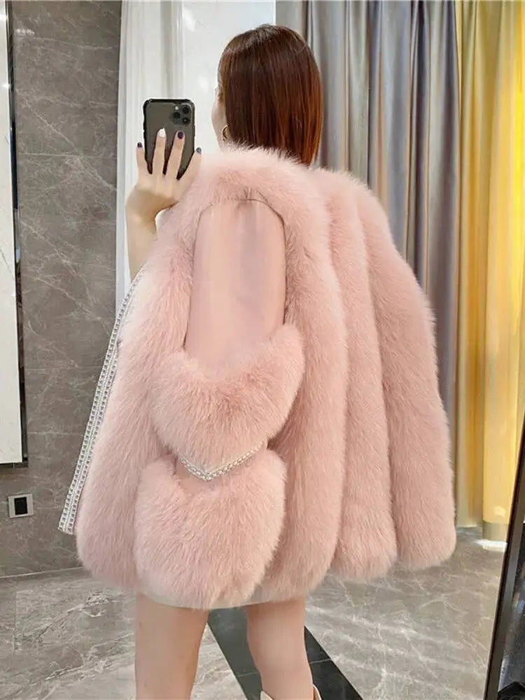 DEAT Fashion Temperament Thickened Fur Coat Cardigan Women Top-Quality Leather Patchwork Long Sleeve Jacket 2024 Winter 11SX023