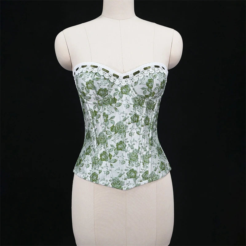 Sexy Women Pink Overbust Corset Crop Top Sweet Lace Patchwork Slim Fit Strapless Bustier Chic Party Summer Clothes Streetwear