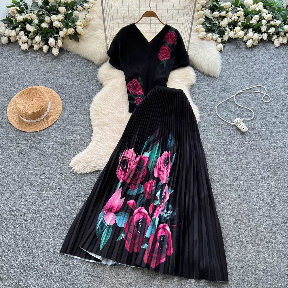 Two Pieces Women Dress Sets Solid Matching Sets V Neck Printing Top High Waist Pleat Dress Loose Fit Casual 2025 Autumn Winter