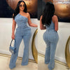 Flare Denim Pants Full Length Women Jeans One Piece Overalls Spliced Solid Jumpsuits Loose Pockets High Waist Basics Washed