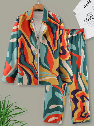 Langarmshirt-Set Herren Geometrisch 3D-gedrucktes Button-up Hemd und Hosen Set Herren und Damen Stilvoller lässiger einfacher Anzug