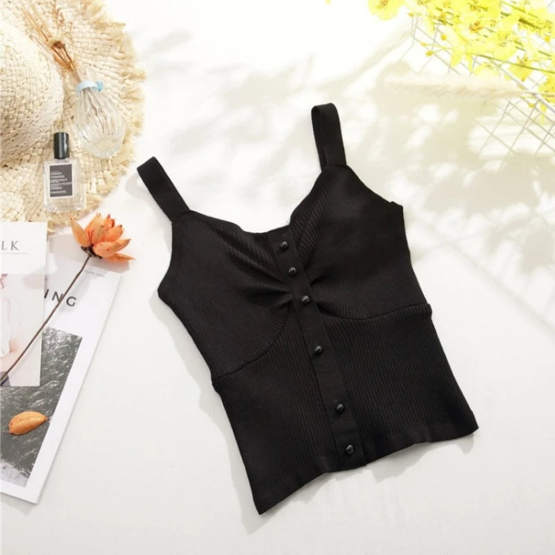 New Style Summer Crop Top Women Seamless Sexy V-Neck Wide Straps Tank Top Knitted Button Camisole Solid Corset Top Female Vest