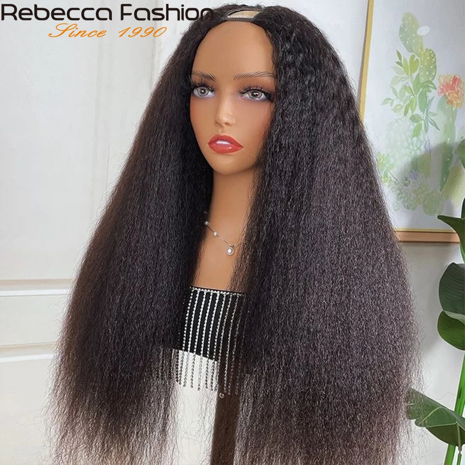 Yaki Straight U-Part-Perücken für schwarze Frauen, Kinky Straight U-Part-Perücke Echthaar Kurz Schwarz Braun U-Part-Perücke Kinky Straight Clip