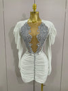 Luxury Sparkly Crystals Sexy Mesh White Velvet Short Dress 2025 Women Elegant Evening Prom Birthday Party Dresses Stage Costume