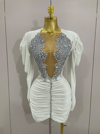 Luxuriöses, funkelndes Kristall-Mesh-Kurzkleid aus weißem Samt 2025 für Damen – Elegante Abend- und Ballkleider, Geburtstagsparty-Kleider, Bühnenkostüm
