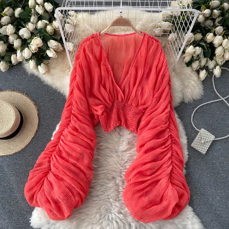 Women Sexy Chiffon Short Blouse Female See Through Super Long Sleeve Blusas Purple/Green/Black/White Folds Party Tops 2022 New