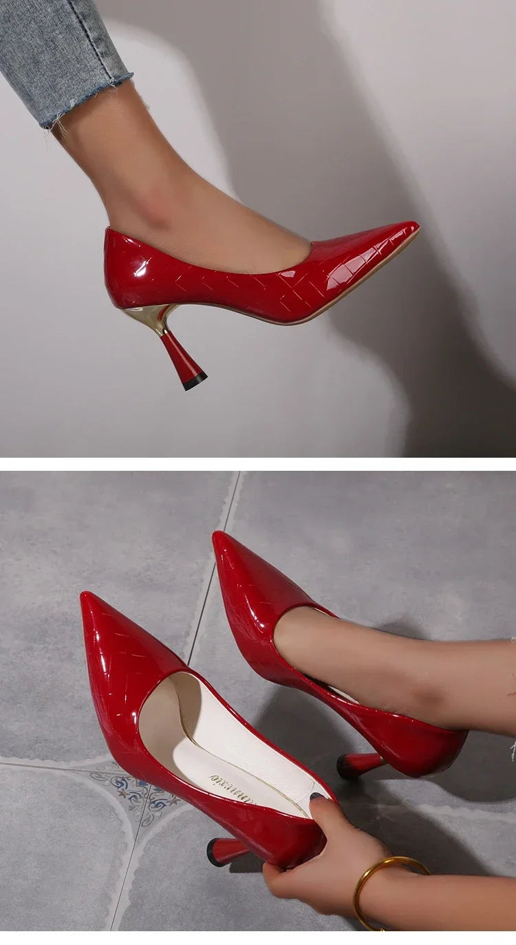 Schuhe Damen 2024 Trend Neue Sommer Rote Absätze Elegante Damen Schwarze Pumps mit Absatz Spitz zulaufende Pumps Kleid Leder Weiße Damenschuhe