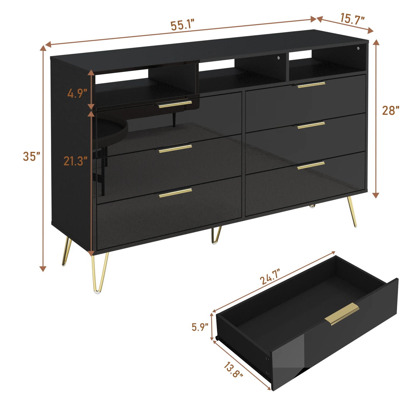 Kommode mit 6 Schubladen für Schlafzimmer mit LED-Beleuchtung, Hochglanz-Kommode mit Metallfüßen, moderner Holzschrank-Aufbewahrungsorganisator