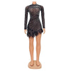 Sexy Perlen Strass Partykleider Damen Eleganz Nachtclub Feder Geburtstagskleid Langarm Mesh Sheer Bodycon Minikleid