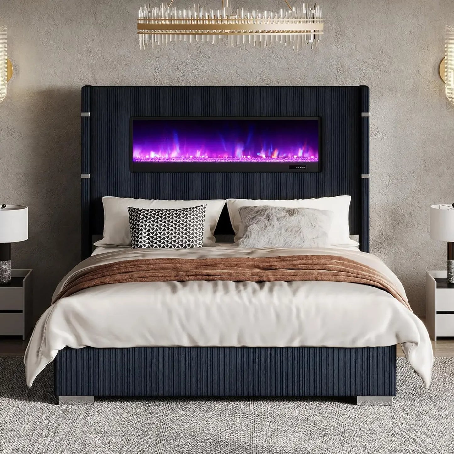 Bettrahmen mit Kamin, Polsterbett mit Flügelkopfteil und 153,4 cm hohem Kopfteil, Samt-Polsterbett mit Holzlattenrost