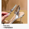 Summer One-word Rhinestone Square Head Sandals Women's Stiletto Open-toed Crystal Gemstone High Heels