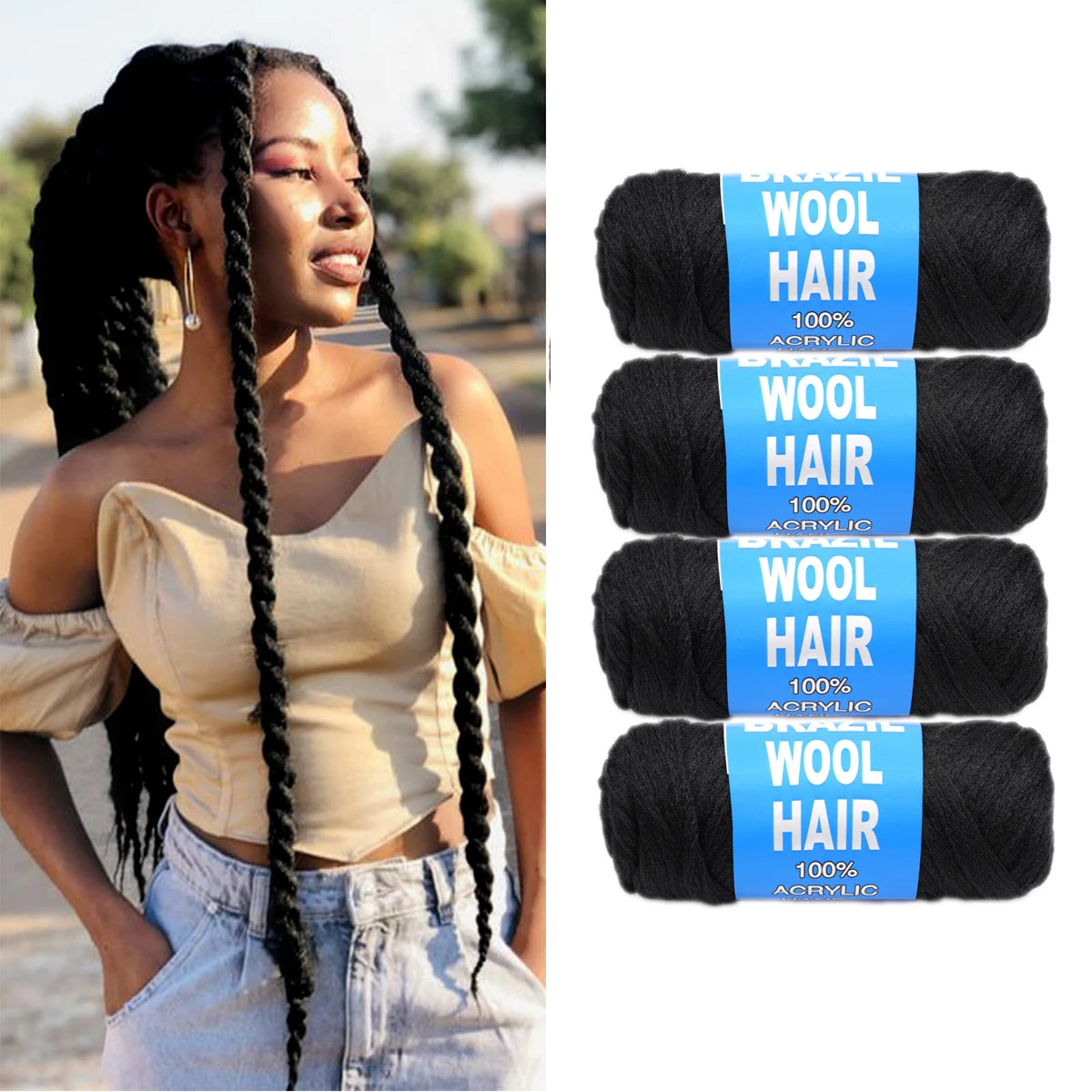4er-Pack brasilianisches Wollhaar, synthetische Häkelhaarextensions für Frauen, afrikanisches Haargarn zum Flechten von senegalesischen Twists, Kunsthaar