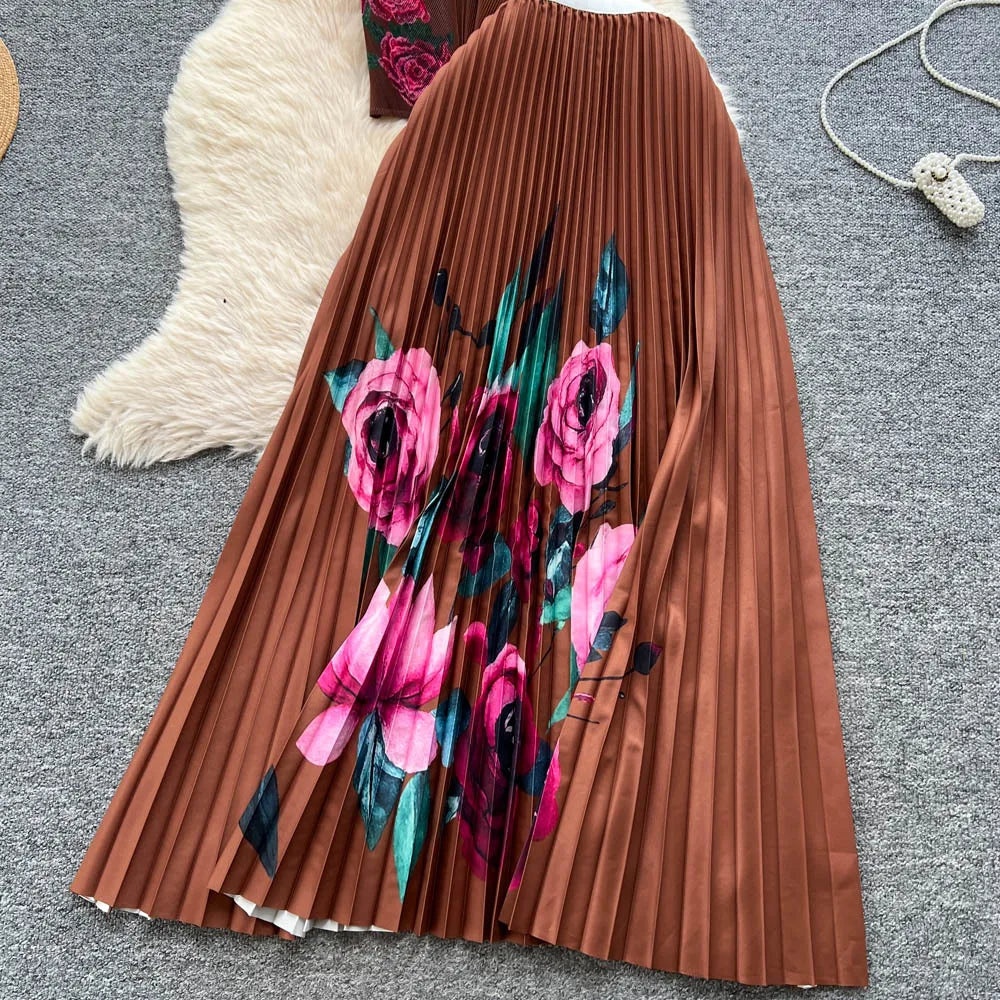 Two Pieces Women Dress Sets Solid Matching Sets V Neck Printing Top High Waist Pleat Dress Loose Fit Casual 2025 Autumn Winter