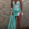 Aqua Blue Prom Dress Applique Off Shoulder Mini Party Gowns Sweetheart Above Knee Length Short Tierred Satin Overlay Dresses