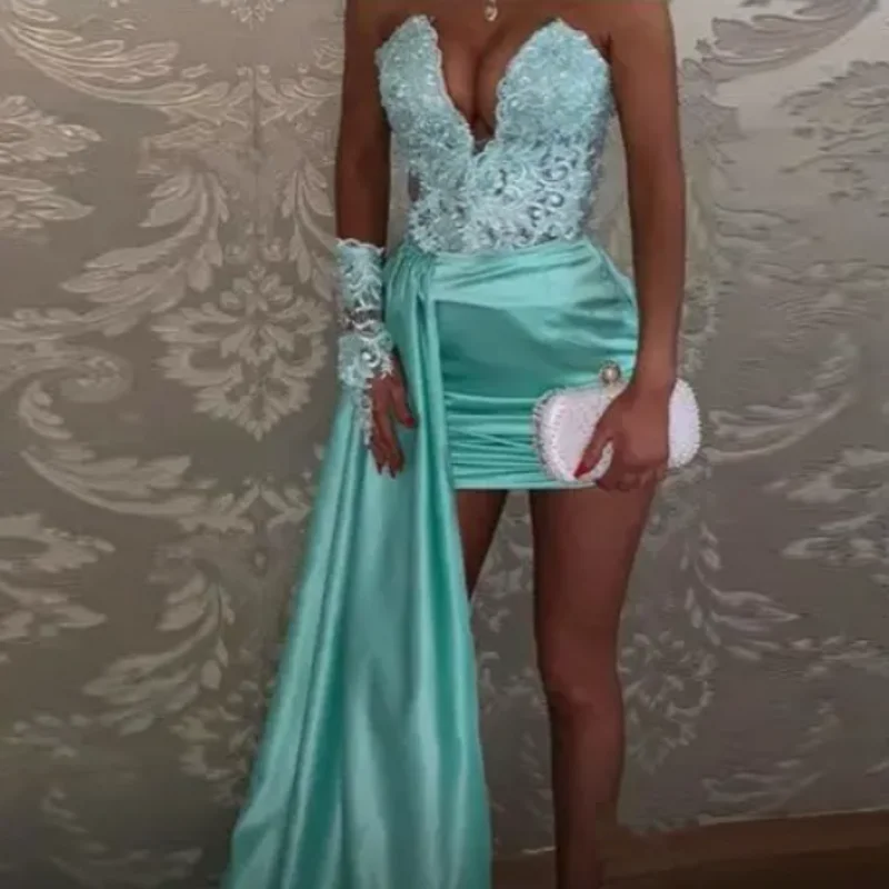 Aqua Blue Prom Dress Applique Off Shoulder Mini Party Gowns Sweetheart Above Knee Length Short Tierred Satin Overlay Dresses