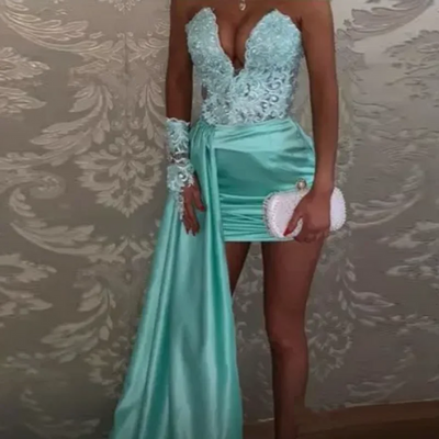 Aqua Blue Prom Dress Applique Off Shoulder Mini Party Gowns Sweetheart Above Knee Length Short Tierred Satin Overlay Dresses