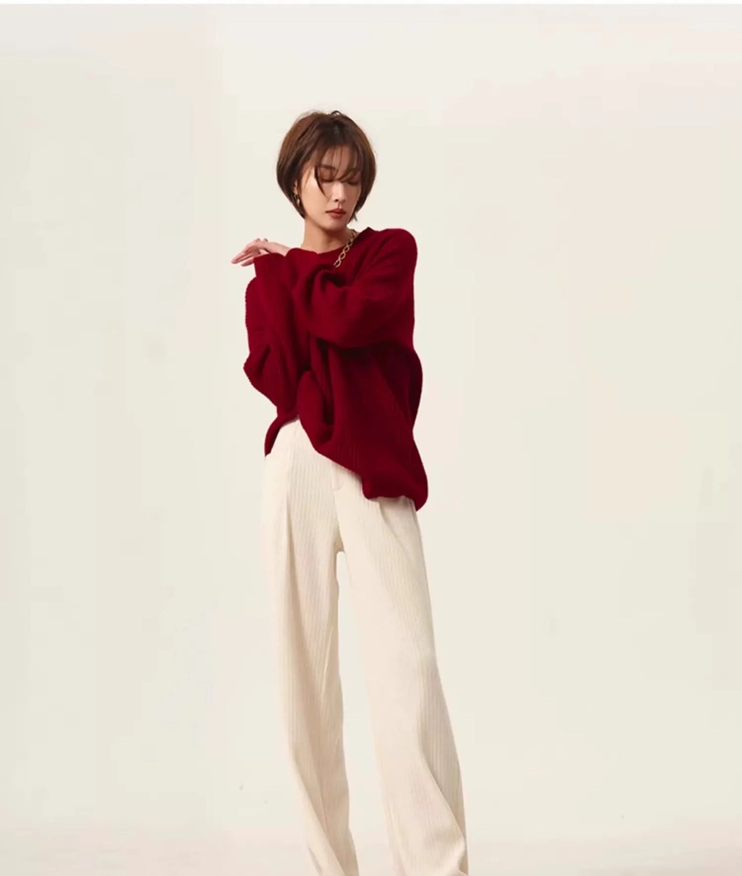 Rollkragenpullover 100% Kaschmir Pullover Damen lose verdickend Anti-Aging Nische Vintage Roter Rundhals-Pullover Damen Langarm