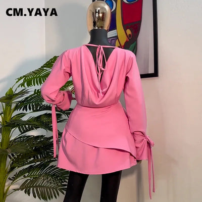 CM.YAYA Damen Schleife Langarm Rundhals Mini-Kleid 2025 Geburtstag Urlaub Sexy Club Party Abend High Street A-Linien-Kleider