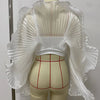 White Pleated Ruffle Crop Top Women Oversized Fan Sleeve Stand Collar Elegant Formal Evening Party Blouse