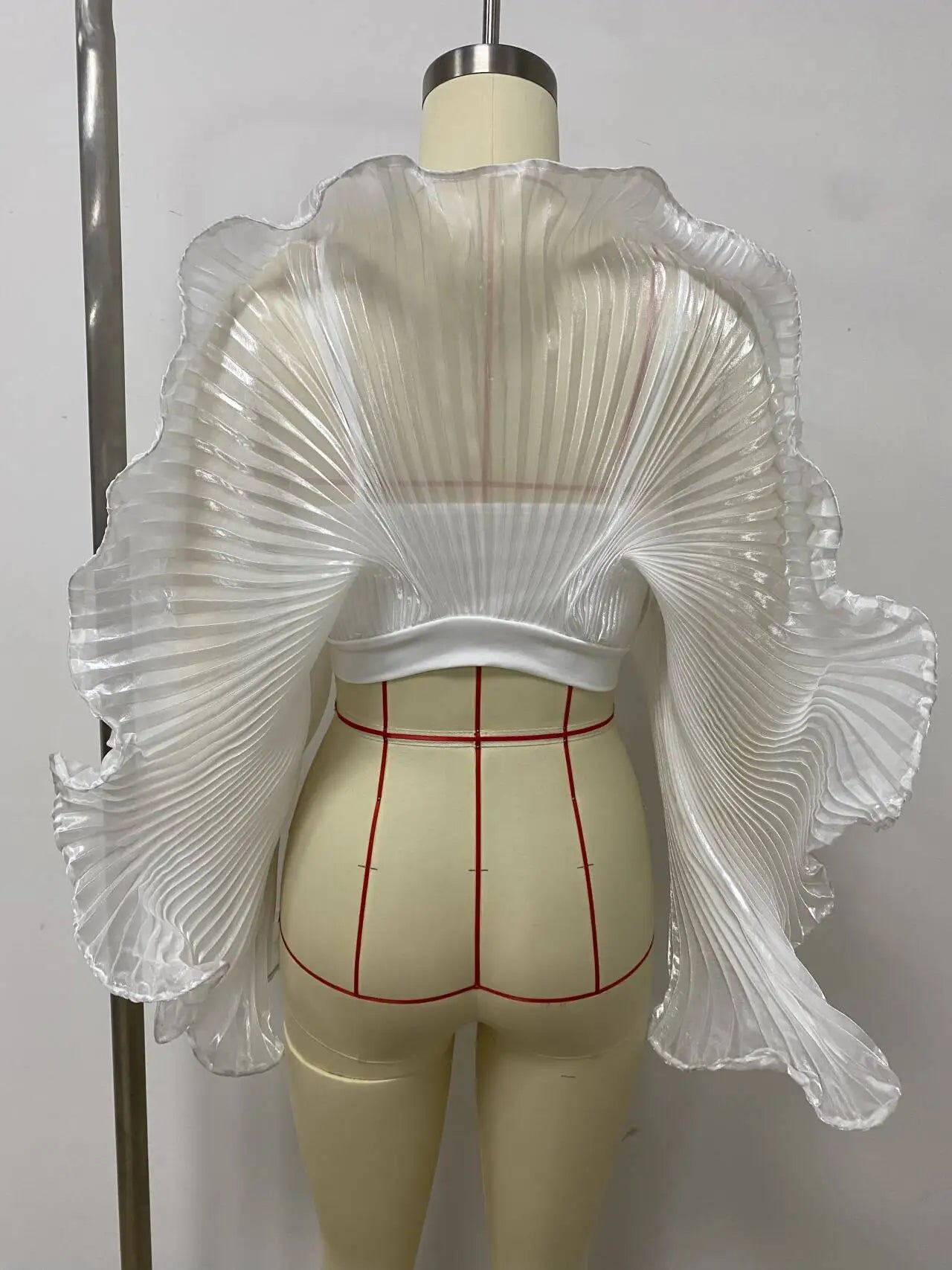 White Pleated Ruffle Crop Top Women Oversized Fan Sleeve Stand Collar Elegant Formal Evening Party Blouse