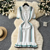 CM.YAYA Women Knit Ribbon Striped Short Sleeve V-neck Ruffles Mini Dress 2025 Summer Club Sexy Party Evening Dresses Vestidos