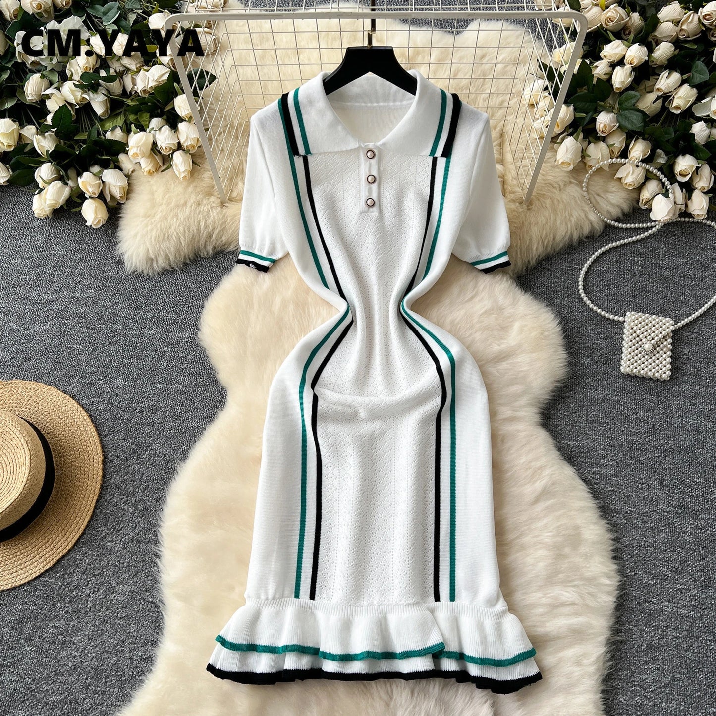 CM.YAYA Women Knit Ribbon Striped Short Sleeve V-neck Ruffles Mini Dress 2025 Summer Club Sexy Party Evening Dresses Vestidos