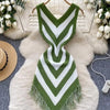 Joskaa 2025 Women's Striped Patchwork Knitted V-Neck Sleeveless Bodycon Asymmetric Fringe Hem Dress Holiday Beach Streetwear