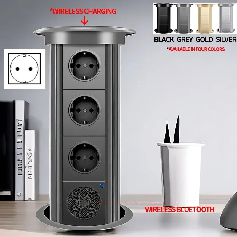 Motorized Lifting Pop Up Tower Power Outlet Hidden Mounted Kitchen Worktop USB Type C Socket with Speaker Wireless Charging