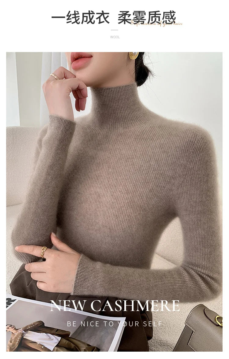 Damen Rollkragen-Basics Kaschmirpullover Herbst Winter Pullover 100% Merinowolle Strickwaren Damen Weicher schmaler Strick Neuer Top